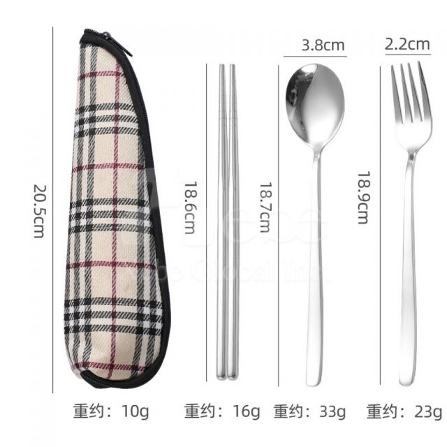 格纹布便携餐具三件组